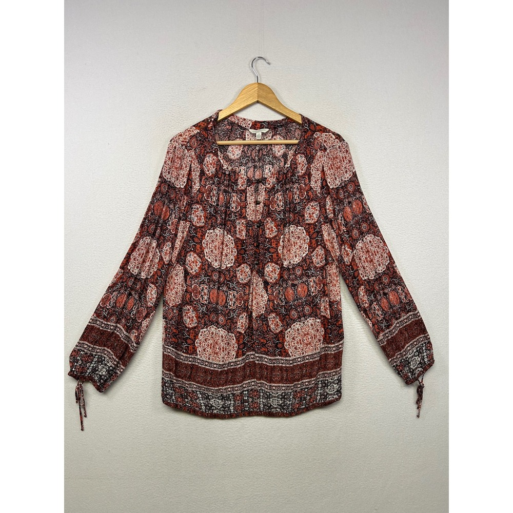 Boho Peasant Lucky Brand Womens Large Red Mandala Floral Long Sleeve Blouse